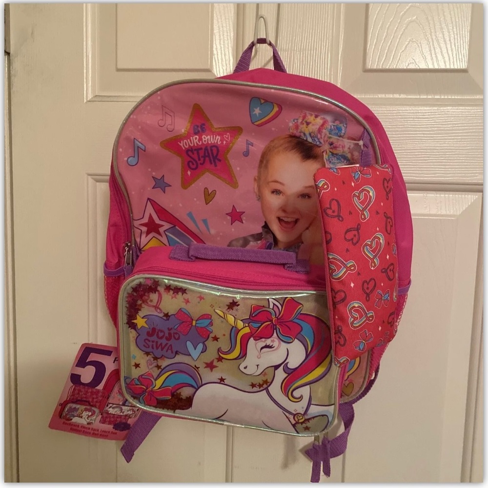 Jo Jo Siwa 5 Pc. Backpack Lunch Bag Cinch Sack Gadget Case Hair Band 16".